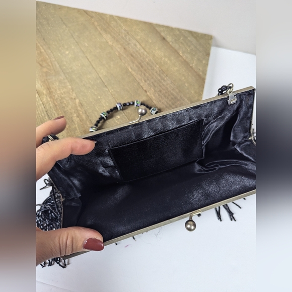 Vintage Black Beaded Fringe Evening Bag – Sequin Flapper Style 10" Wide - Picture 8 of 8
